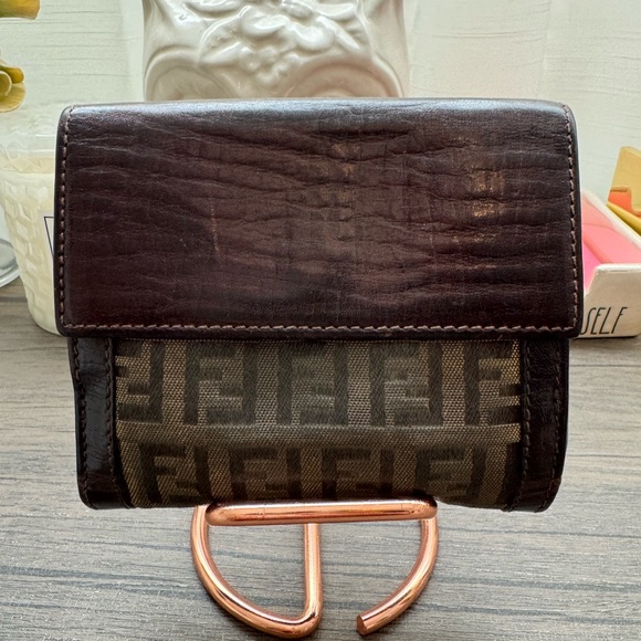 FENDI W Hook Wallet Zucchino Beige Canvas Leather Authentic Used - Picture 3 of 11